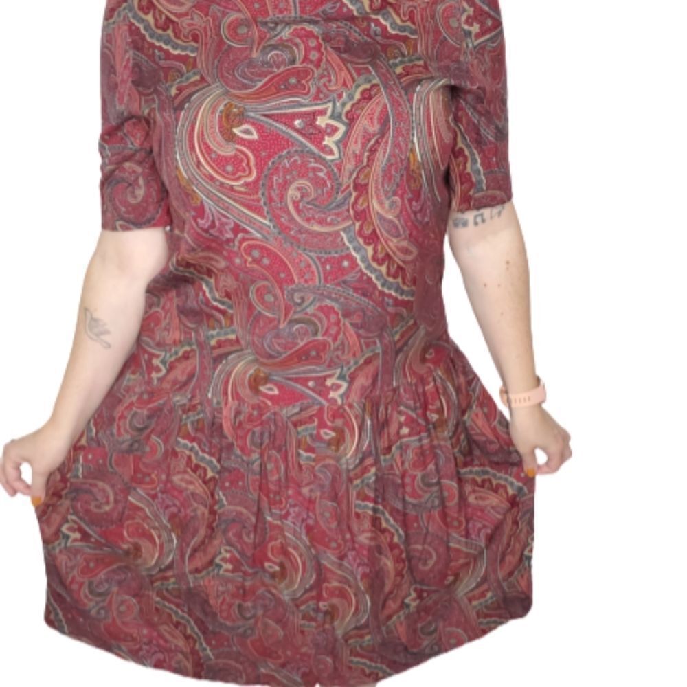 VINTAGE 70s paisley‎ dress drop waist short sleeve square neck XL
